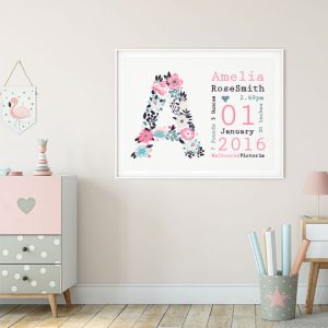 Floral letter birth print - example